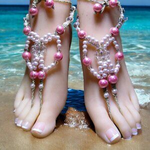 NEW Crystal & Pink Beaded Barefoot Sandals. Belly dance foot jewelry.